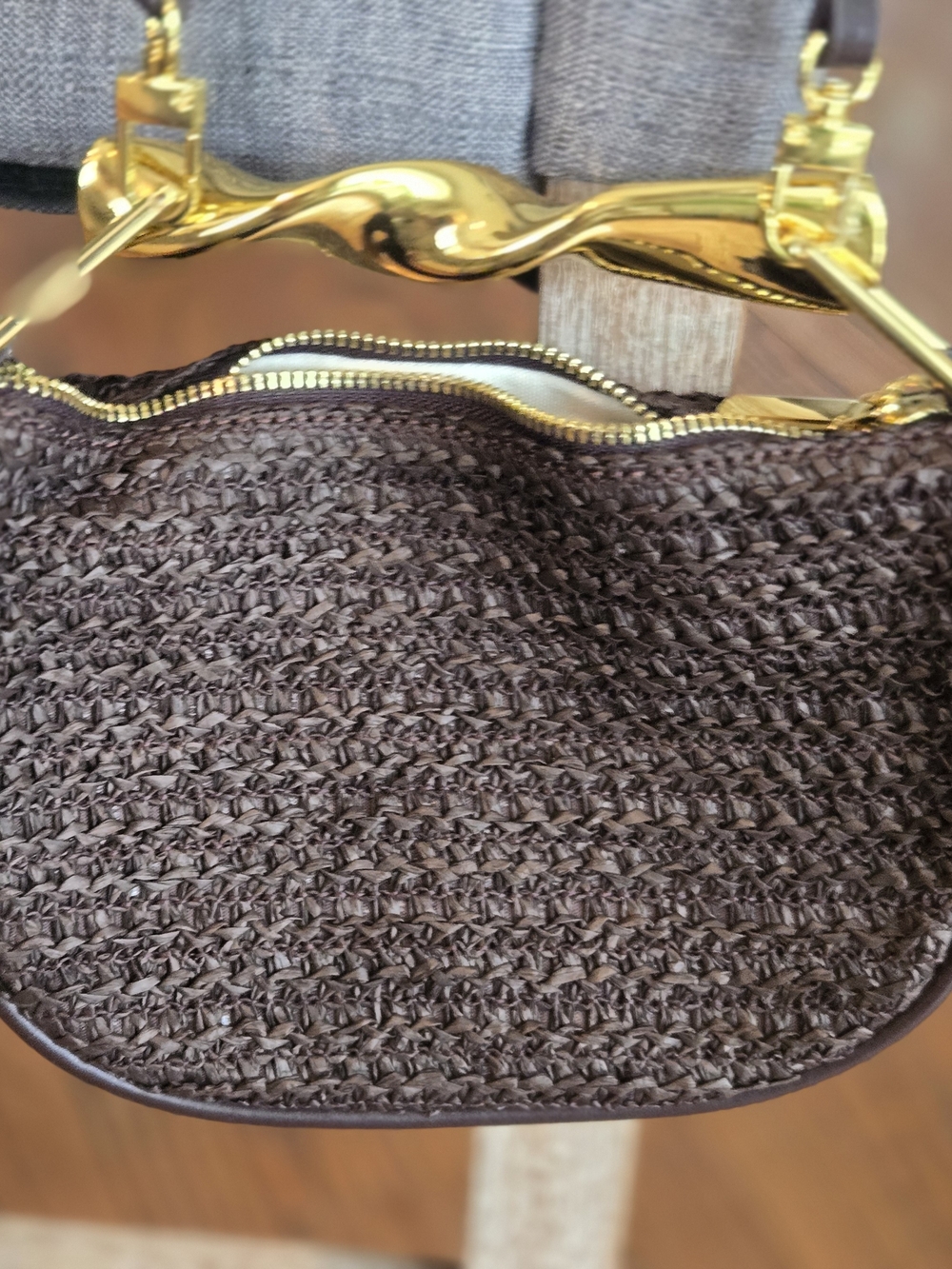 Brown Woven Straw Shoulder Bag with Gold Hardware